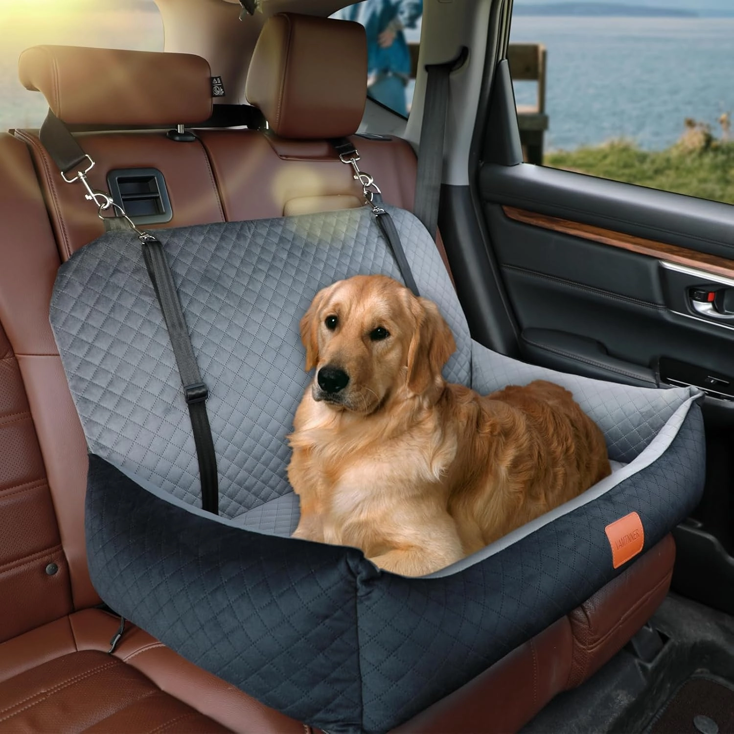PetSafe Solvit Luxe Car Seat for Large/Medium Dog or 2 Small Dogs, Soft Fabric and Non-Slip Base, Disassembles for Easy Cleaning (Black/Grey)