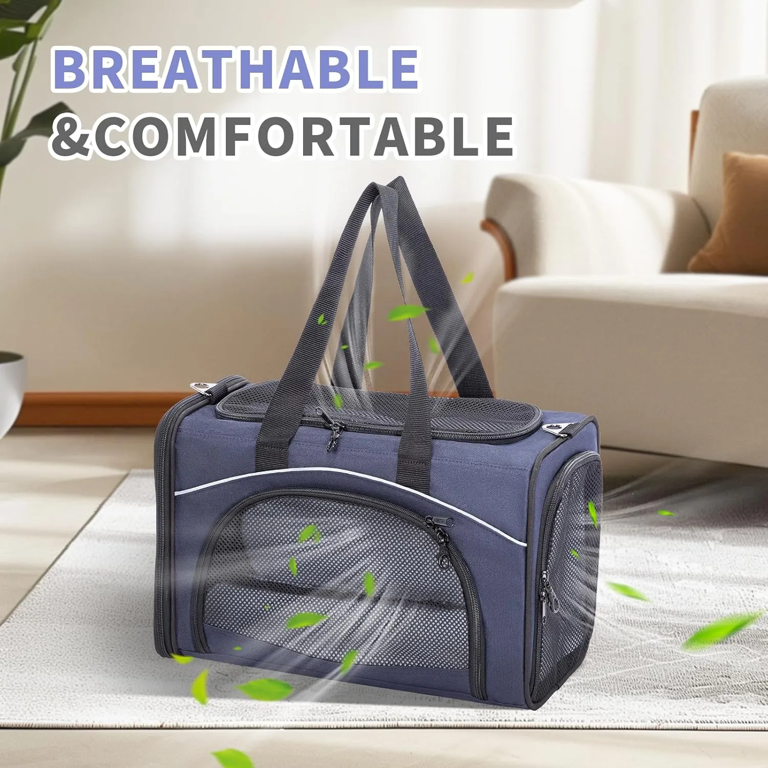 Petsfit Cat Carrier Airline Approved- Soft-Sided Small Dog&Cat Carrier, Height 8.6” fits Under Most Airline Seats,3 Carrying Ways, Lightweight, Breathable, Escape Proof, Navy