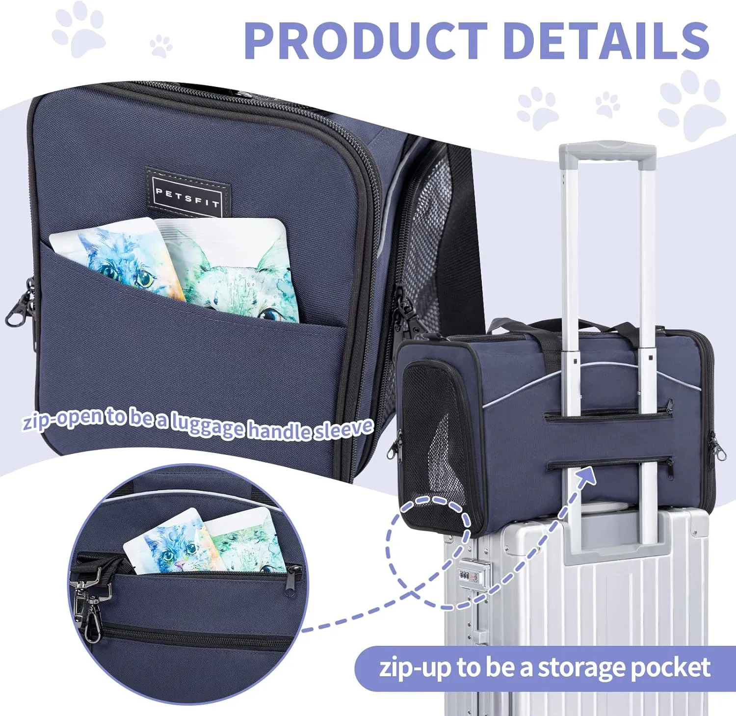 Petsfit Cat Carrier Airline Approved- Soft-Sided Small Dog&Cat Carrier, Height 8.6” fits Under Most Airline Seats,3 Carrying Ways, Lightweight, Breathable, Escape Proof, Navy