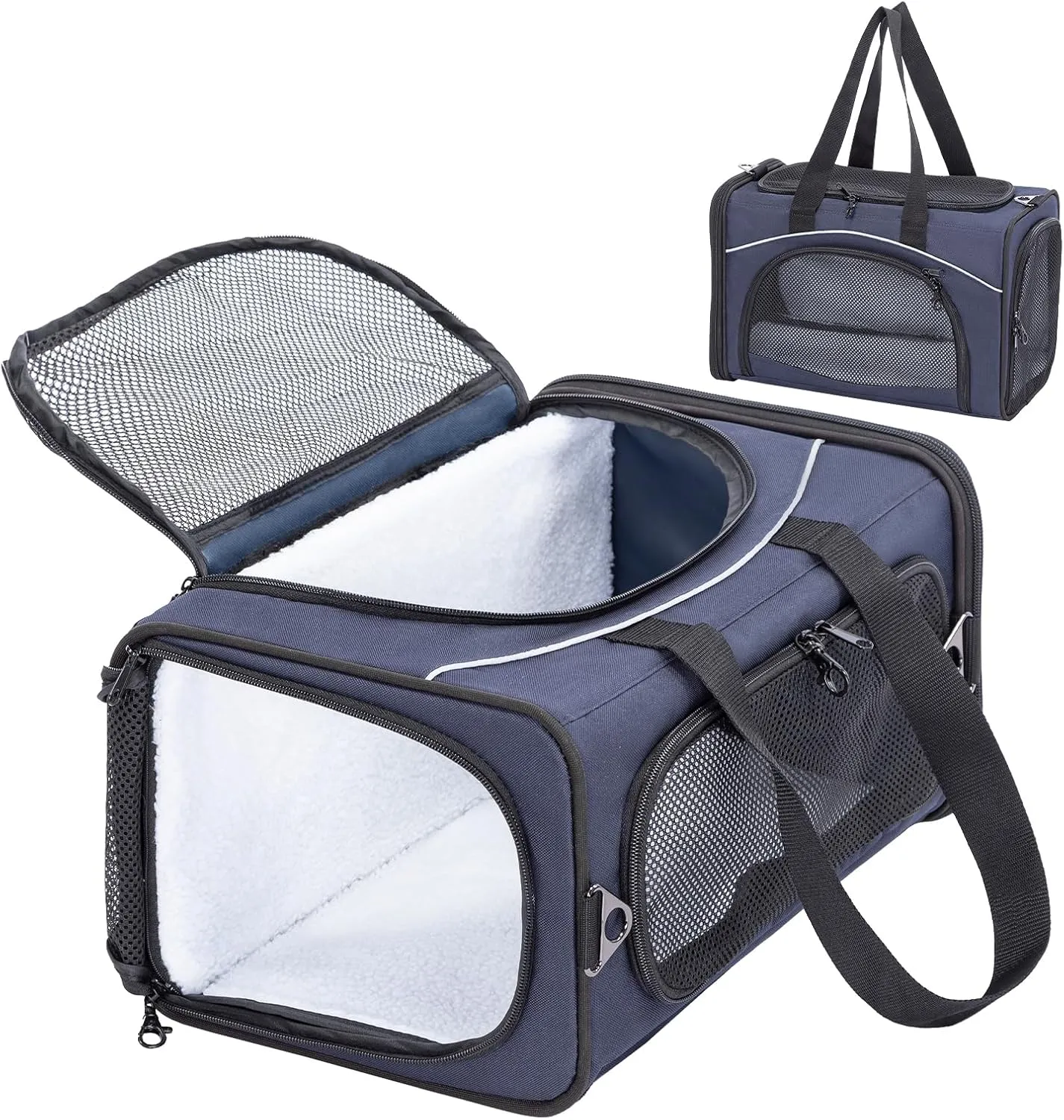 Petsfit Cat Carrier Airline Approved- Soft-Sided Small Dog&Cat Carrier, Height 8.6” fits Under Most Airline Seats,3 Carrying Ways, Lightweight, Breathable, Escape Proof, Navy