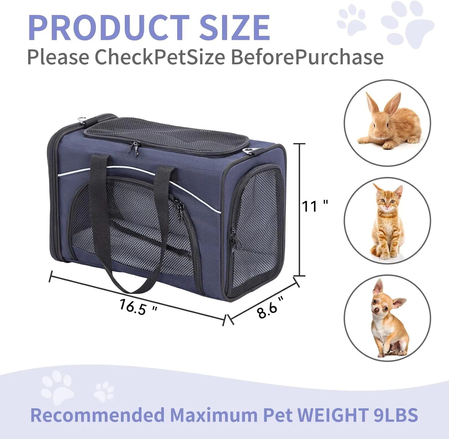 Petsfit Cat Carrier Airline Approved- Soft-Sided Small Dog&Cat Carrier, Height 8.6” fits Under Most Airline Seats,3 Carrying Ways, Lightweight, Breathable, Escape Proof, Navy
