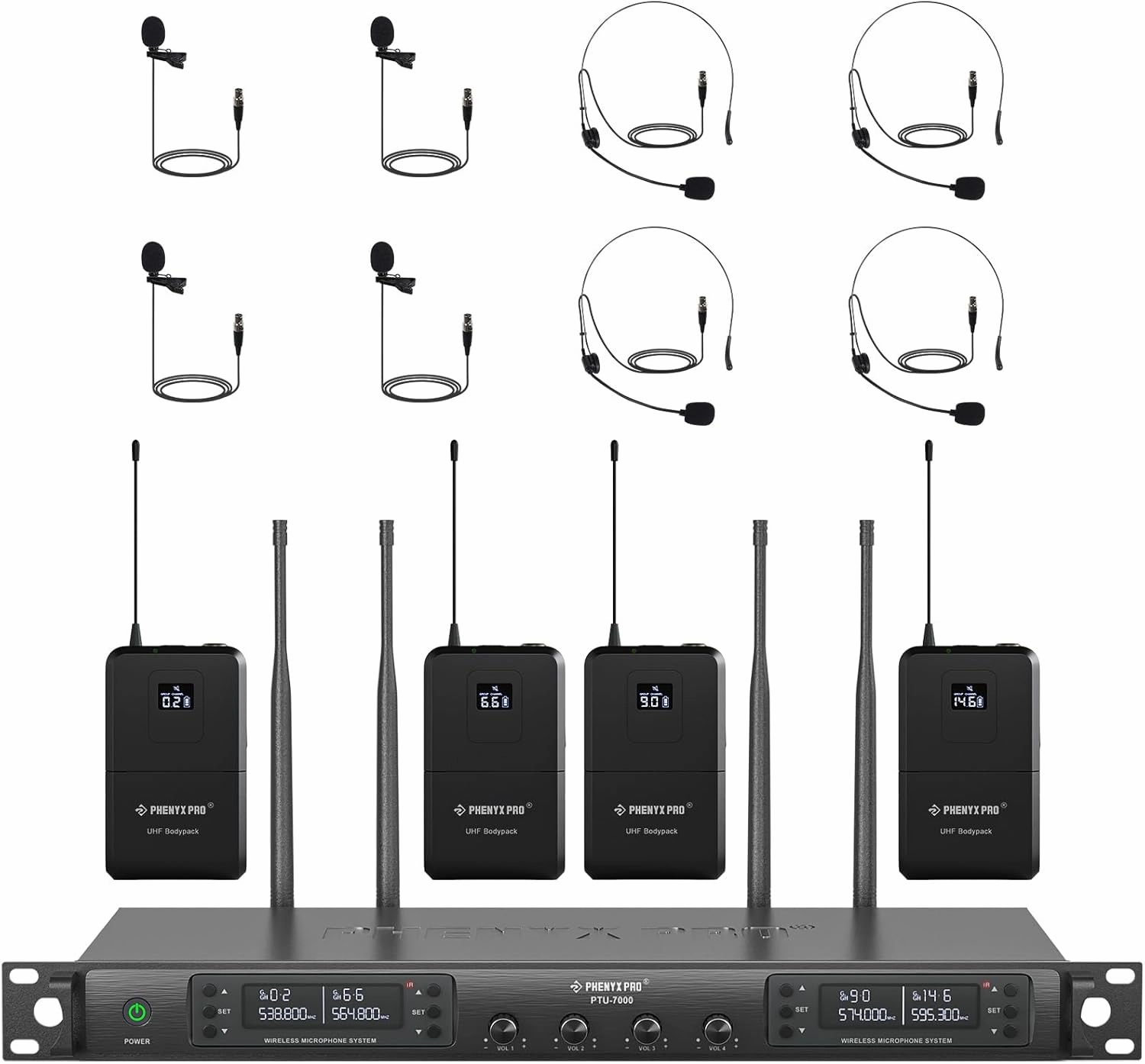 Phenyx Pro Wireless Microphone System, UHF 4-Channel Wireless Mic Set w/ 4 Bodypacks,Headsets/Lapel Mics, 4x40 Frequencies, Auto Scan,328ft Coverage, Microphone for Singing, DJ, Church(PTU-7000-4B)