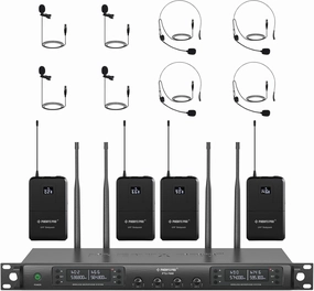 Phenyx Pro Wireless Microphone System, UHF 4-Channel Wireless Mic Set w/ 4 Bodypacks,Headsets/Lapel Mics, 4x40 Frequencies, Auto Scan,328ft Coverage, Microphone for Singing, DJ, Church(PTU-7000-4B)