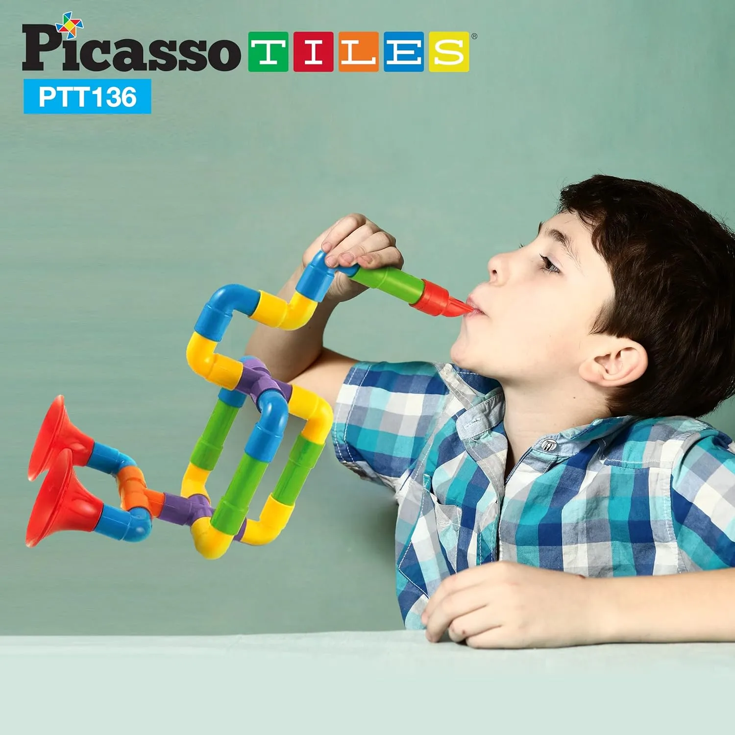 PicassoTiles PTT136 136pcs Tubular Pipes & Spout STEAM Interlocking Educational Building Block Set, Tube Locks, Pipeworks Construction Blocks w/Storage Container Box, Idea Book, Flute Musical Kit