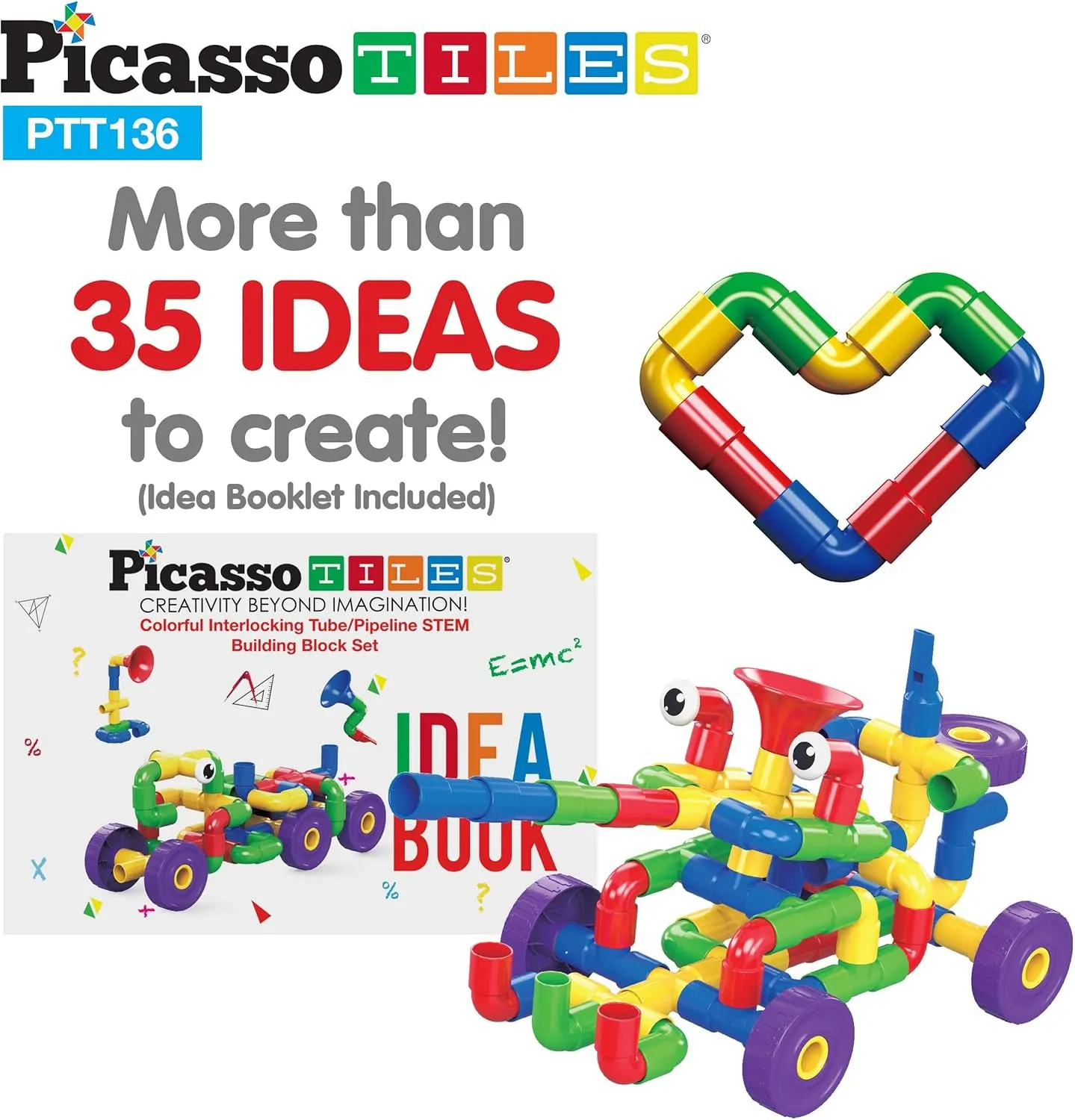 PicassoTiles PTT136 136pcs Tubular Pipes & Spout STEAM Interlocking Educational Building Block Set, Tube Locks, Pipeworks Construction Blocks w/Storage Container Box, Idea Book, Flute Musical Kit