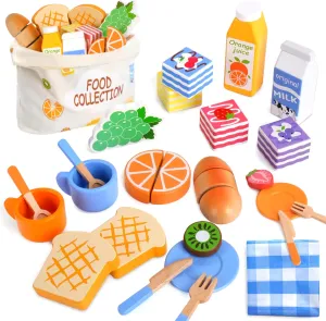 Picnic Set for Kids, Pretend Play Food for Toddlers 1-3, 24 Pcs Wooden Play Food Sets for Kids Kitchen with Shopping Bag, Cutting Food Toys Play Kitchen Accessories Gift for Girls Boys Ages 1 2 3 4 5