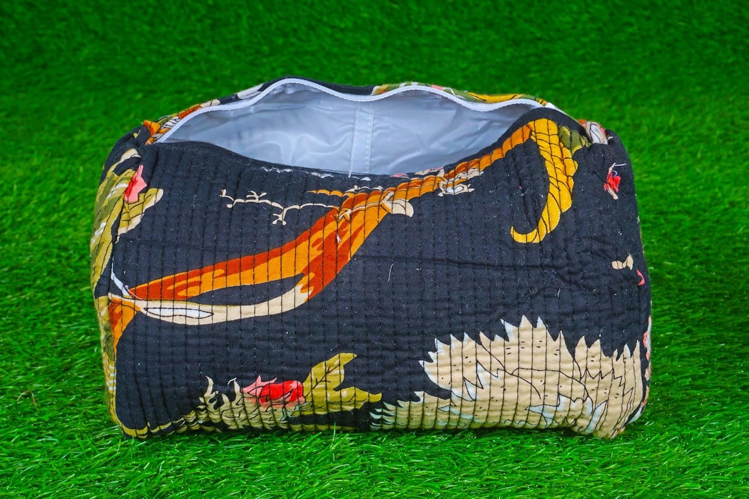 Pieces Indian Handmade Cotton Quilted Handmade Floral Hand Block Print Toiletry Bag,Cosmetic Pouch Bag Makeup Bag For Women (1, Black Printed), 85485