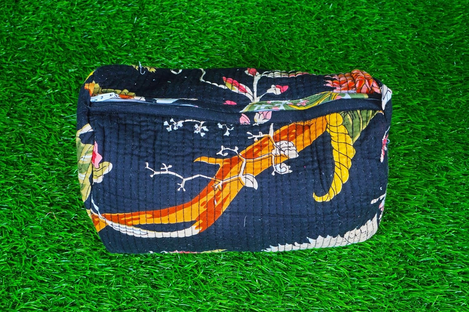 Pieces Indian Handmade Cotton Quilted Handmade Floral Hand Block Print Toiletry Bag,Cosmetic Pouch Bag Makeup Bag For Women (1, Black Printed), 85485