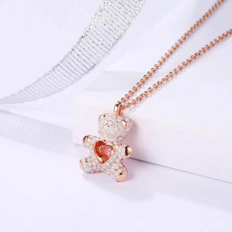 Pink Diamond Teddy Smart White Bear Necklace Flashing Heart Shape