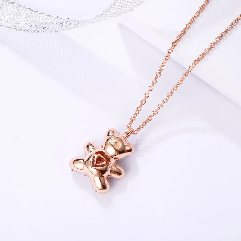 Pink Diamond Teddy Smart White Bear Necklace Flashing Heart Shape