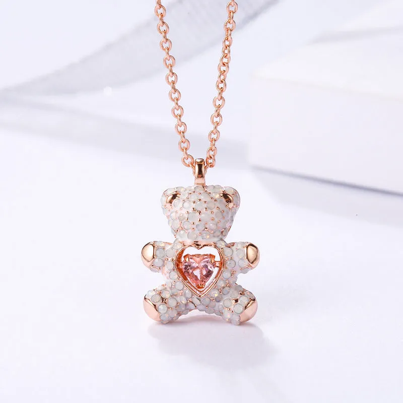 Pink Diamond Teddy Smart White Bear Necklace Flashing Heart Shape