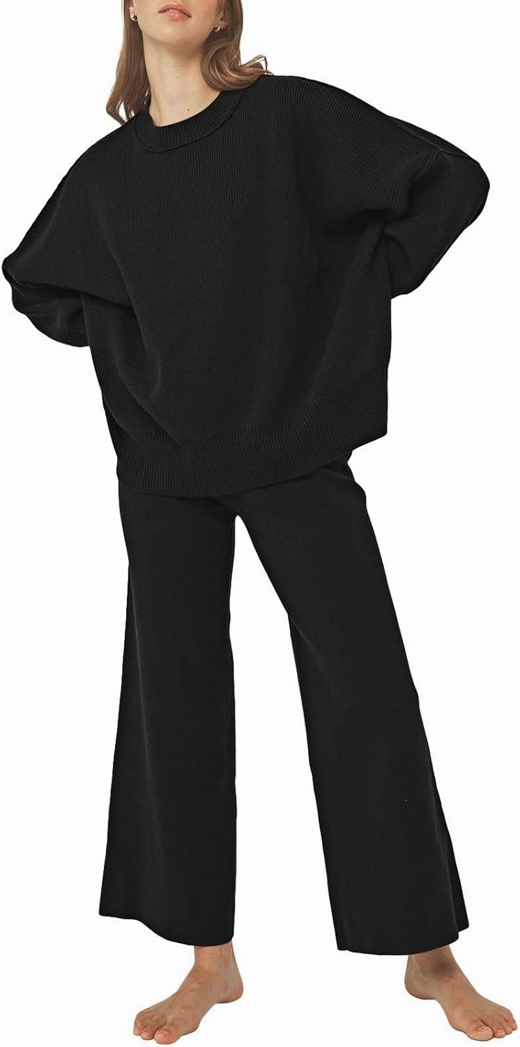 Pink Queen Women's 2 Piece Outfits Sweater Sets Knit Pullover Tops And Wide Leg Pants Loose Tracksuit Lounge Set