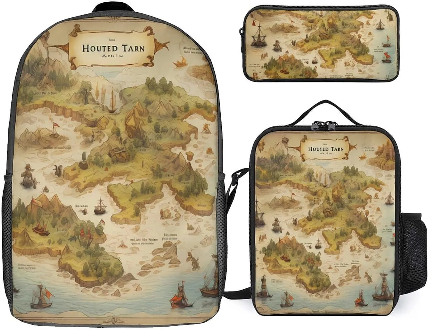 Pirate Treasure Map 3Pcs Laptop Backpack Set 17 Inch Daypack with Lunch Bag Pencil Case Set for Travel Work
