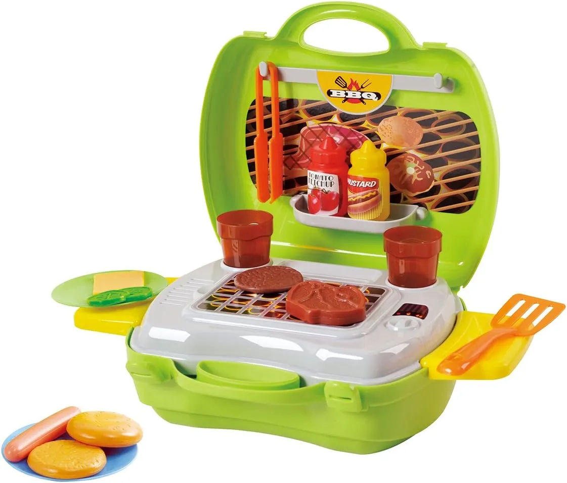 Play Mini Chef BBQ Grill Playset Pretend My Carry Along Barbeque 22 Piece Fun Activity Set Role Kitchen Accessories Adults Kitchen Toys for Boys and Girls Ages 24 Months - 7 Years