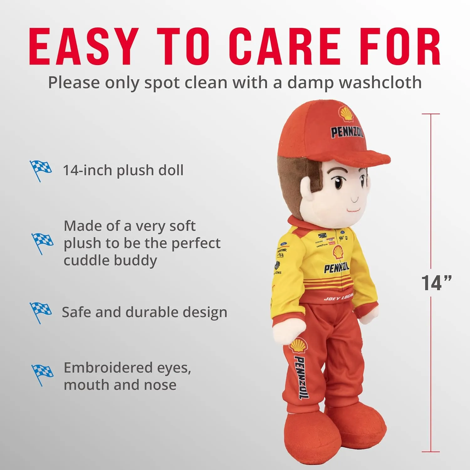 Playtime by Eimmie NASCAR-Themed Soft Baby Doll, 14-Inch Plush Racing Rag Doll for Kids, Team Penske Joey Logano Plush Figure, Fabric Stuffed Toy for All Ages