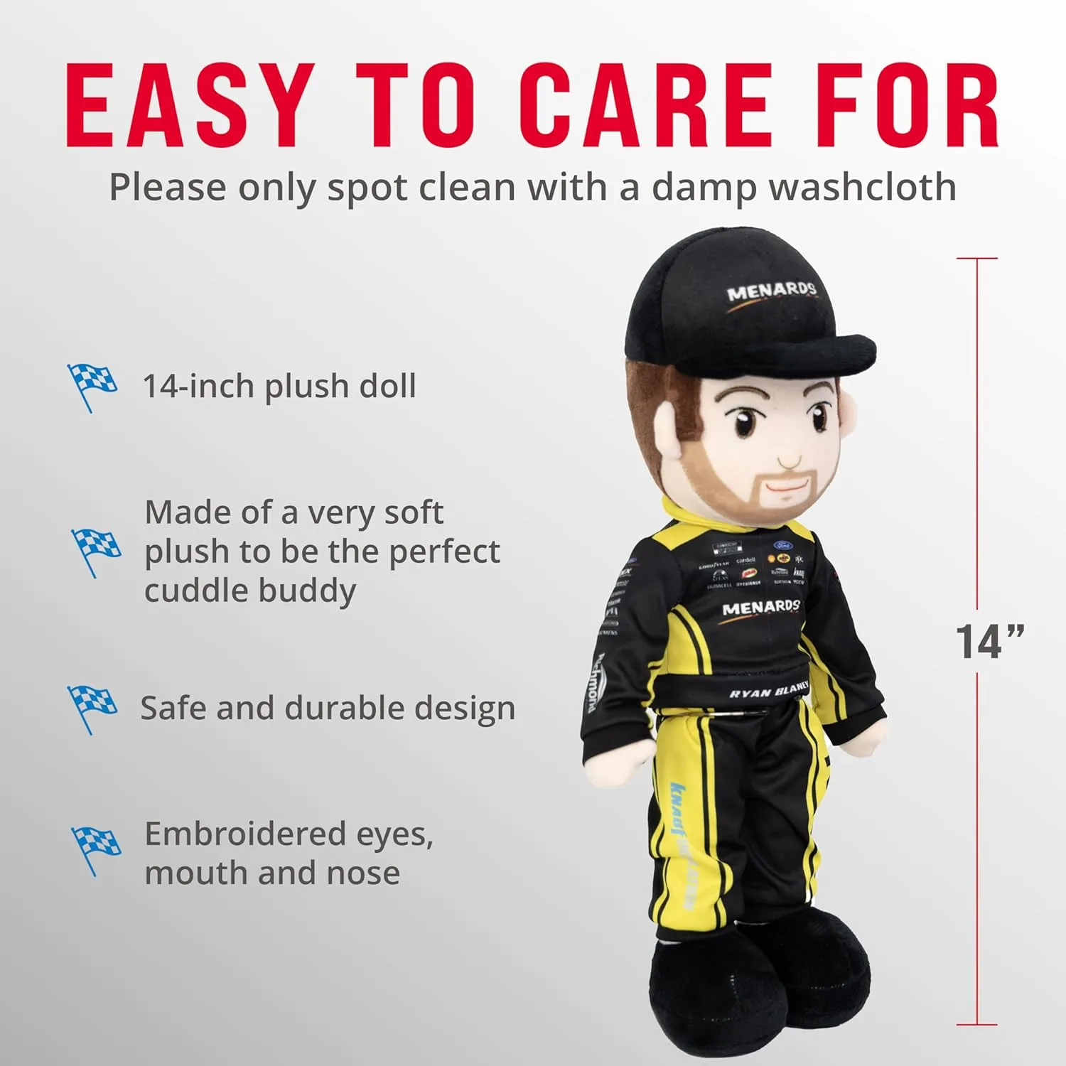 Playtime by Eimmie NASCAR-Themed Soft Baby Doll, 14-Inch Plush Racing Rag Doll for Kids, Team Penske Ryan Blaney (Menards) Motorsports Plush Figure, Fabric Stuffed Toy for All Ages
