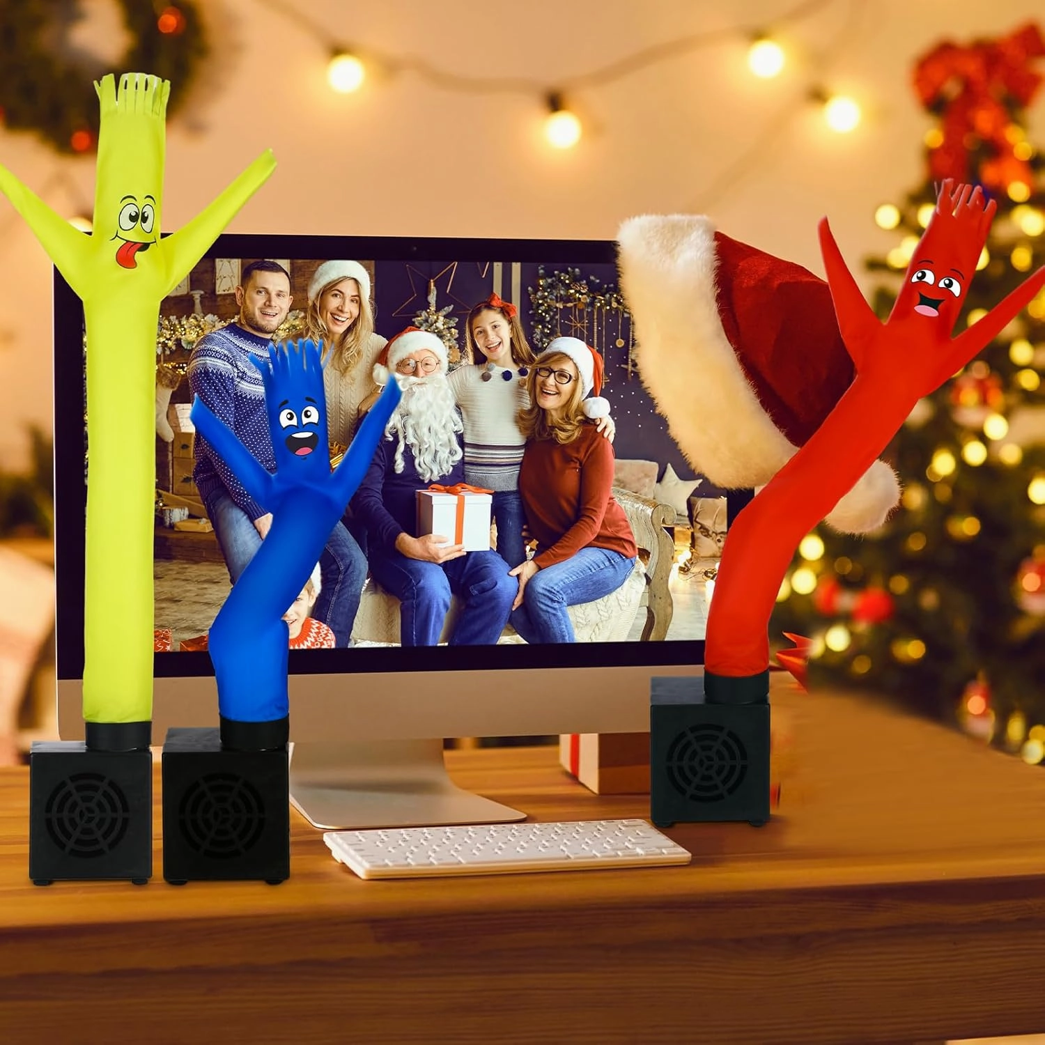 Poen 3 Pcs Mini Inflatable Tube Man Gift Funny Gag Birthday Wacky Waving Inflatable Guy with Blower Desktop Mini Dancer Gift for Women Party Decoration(Smile)