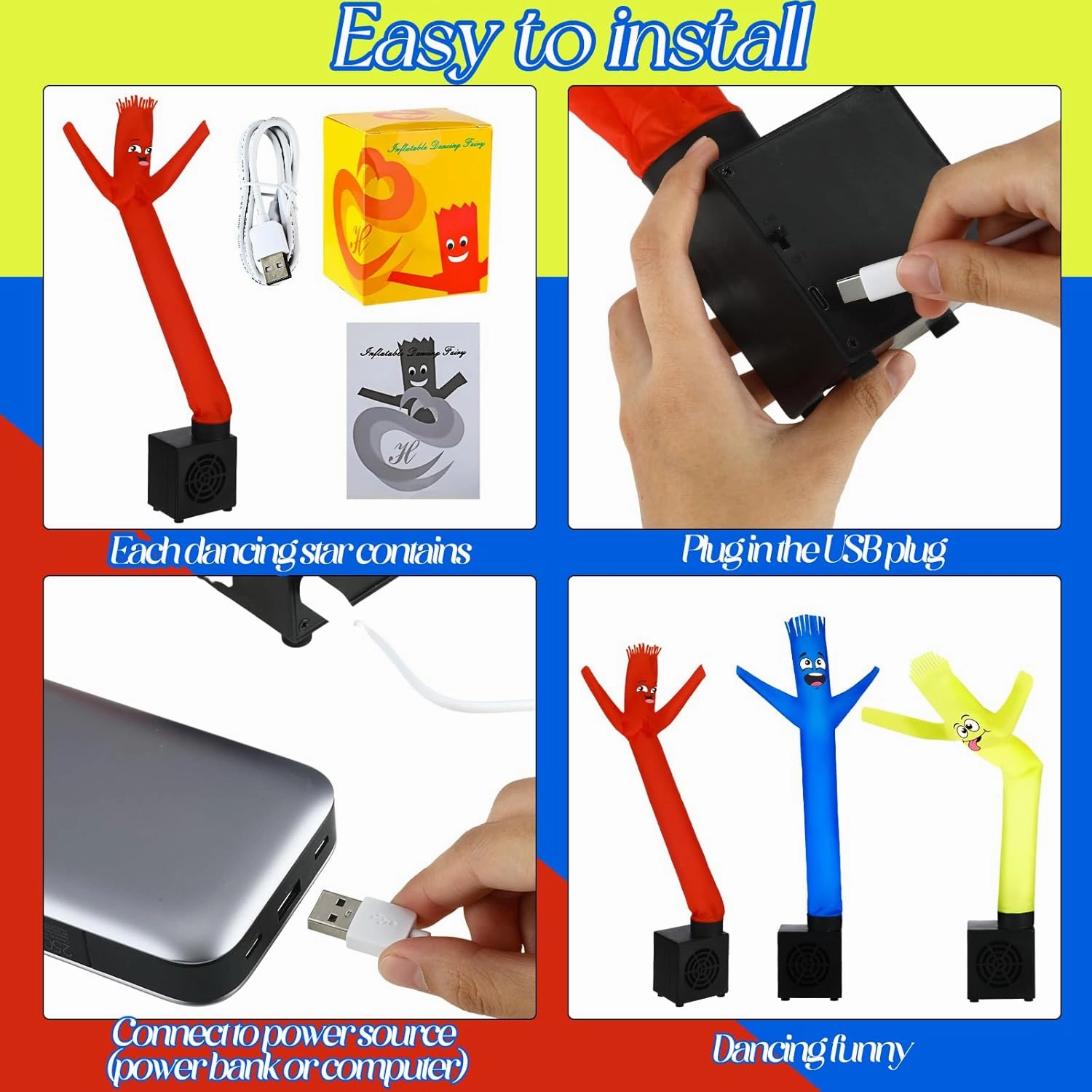 Poen 3 Pcs Mini Inflatable Tube Man Gift Funny Gag Birthday Wacky Waving Inflatable Guy with Blower Desktop Mini Dancer Gift for Women Party Decoration(Smile)
