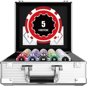 Poker Chips with Denominations, 600-pcs 11.5g Weighted Numbered Casino Chips Set, 5 Dice, 2 Decks with Compact Aluminum Case for Texas Hold'em, Blackjack.