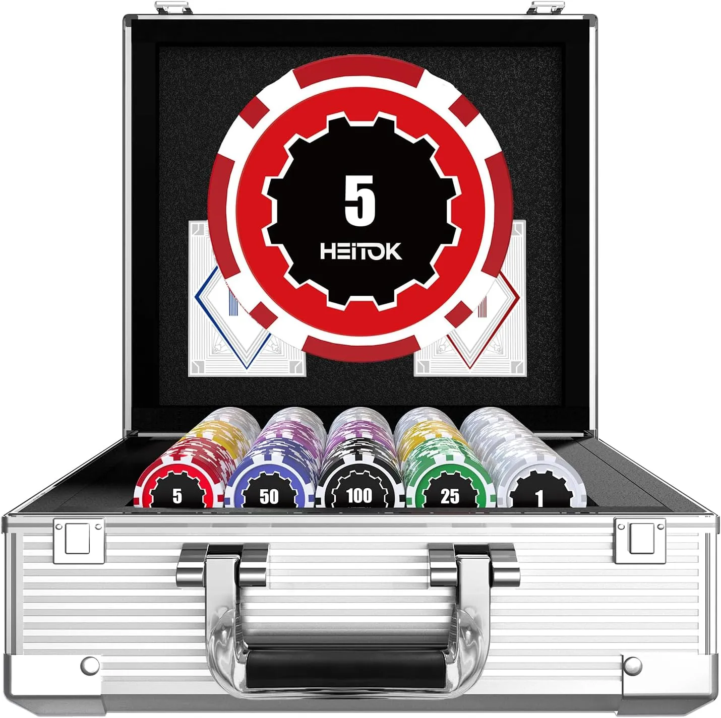 Poker Chips with Denominations, 600-pcs 11.5g Weighted Numbered Casino Chips Set, 5 Dice, 2 Decks with Compact Aluminum Case for Texas Hold'em, Blackjack.
