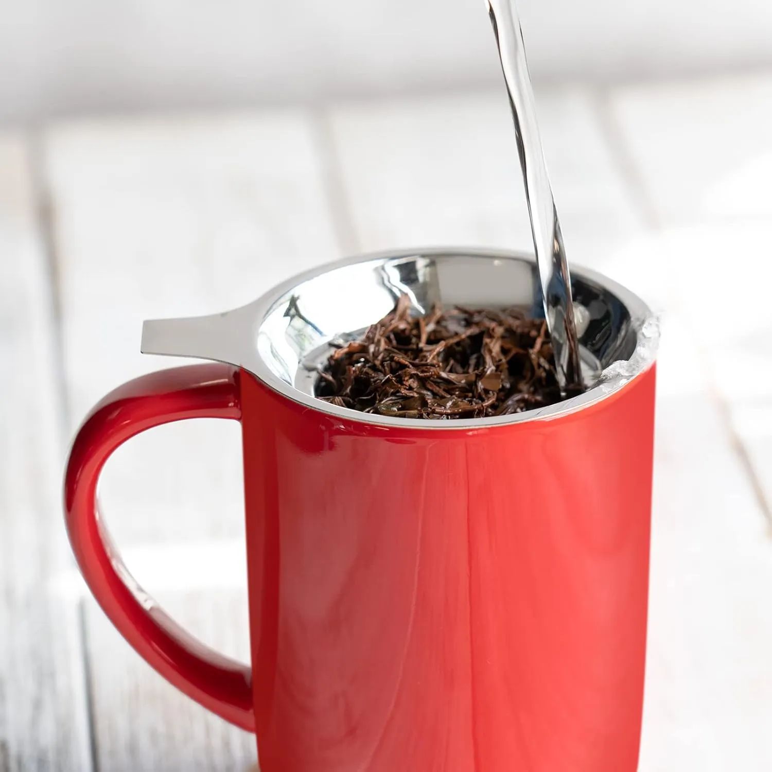 Porcelain Tea Mug with Infuser and Lid, Teaware with Filter and Coaster, Loose Leaf Tea Cup Steeper Maker, 16 OZ for Tea Coffee Milk Women Office Home Gift (Red)