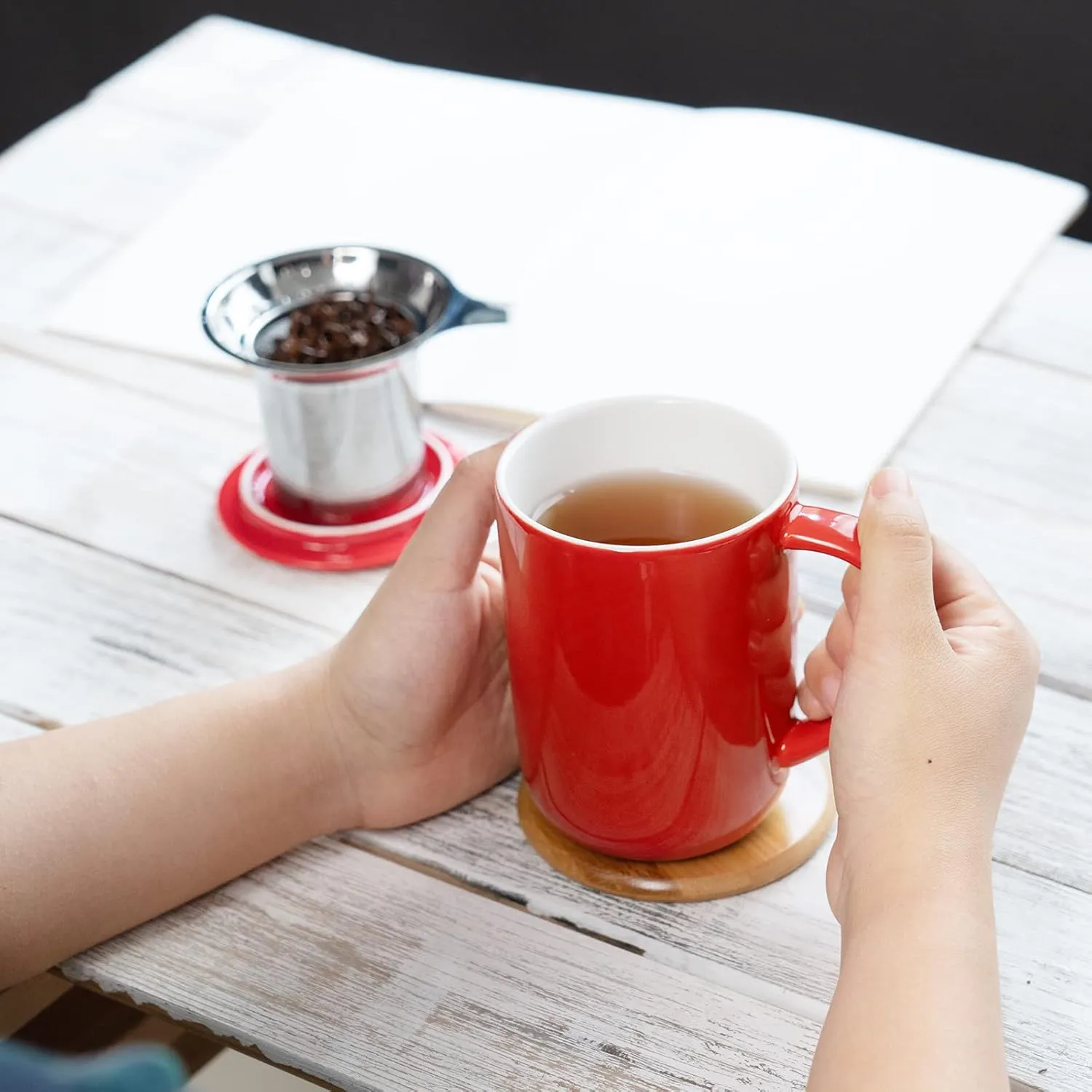 Porcelain Tea Mug with Infuser and Lid, Teaware with Filter and Coaster, Loose Leaf Tea Cup Steeper Maker, 16 OZ for Tea Coffee Milk Women Office Home Gift (Red)