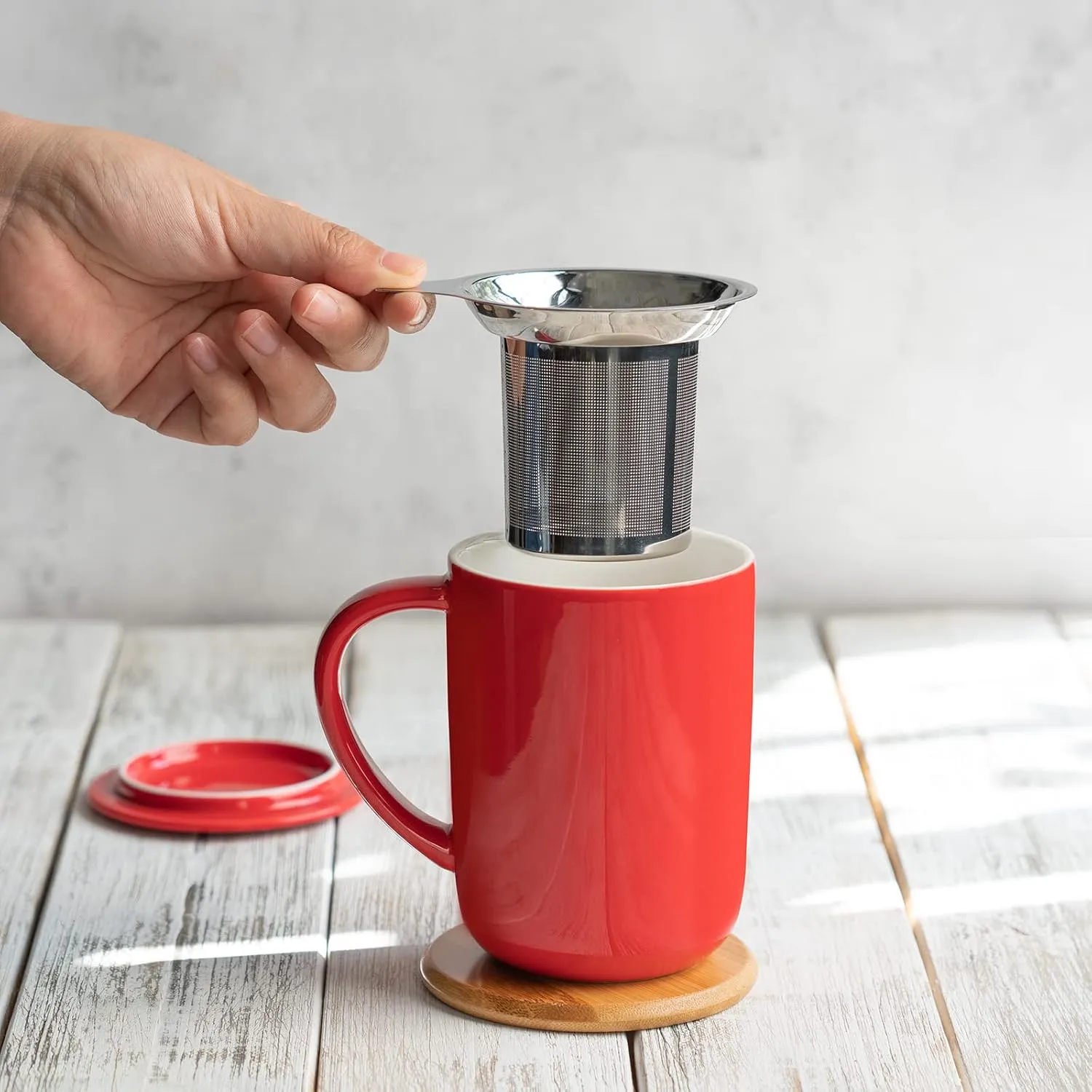 Porcelain Tea Mug with Infuser and Lid, Teaware with Filter and Coaster, Loose Leaf Tea Cup Steeper Maker, 16 OZ for Tea Coffee Milk Women Office Home Gift (Red)