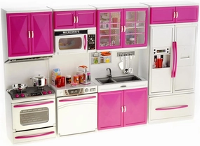 PowerTRC Doll Kitchen Play Set, Mini Modern Toy Kitchen Pretend Play Furnitures Toy Set Accessories Set with Realistic Light & Sound for Kids Toddlers Girls (4-in-1)