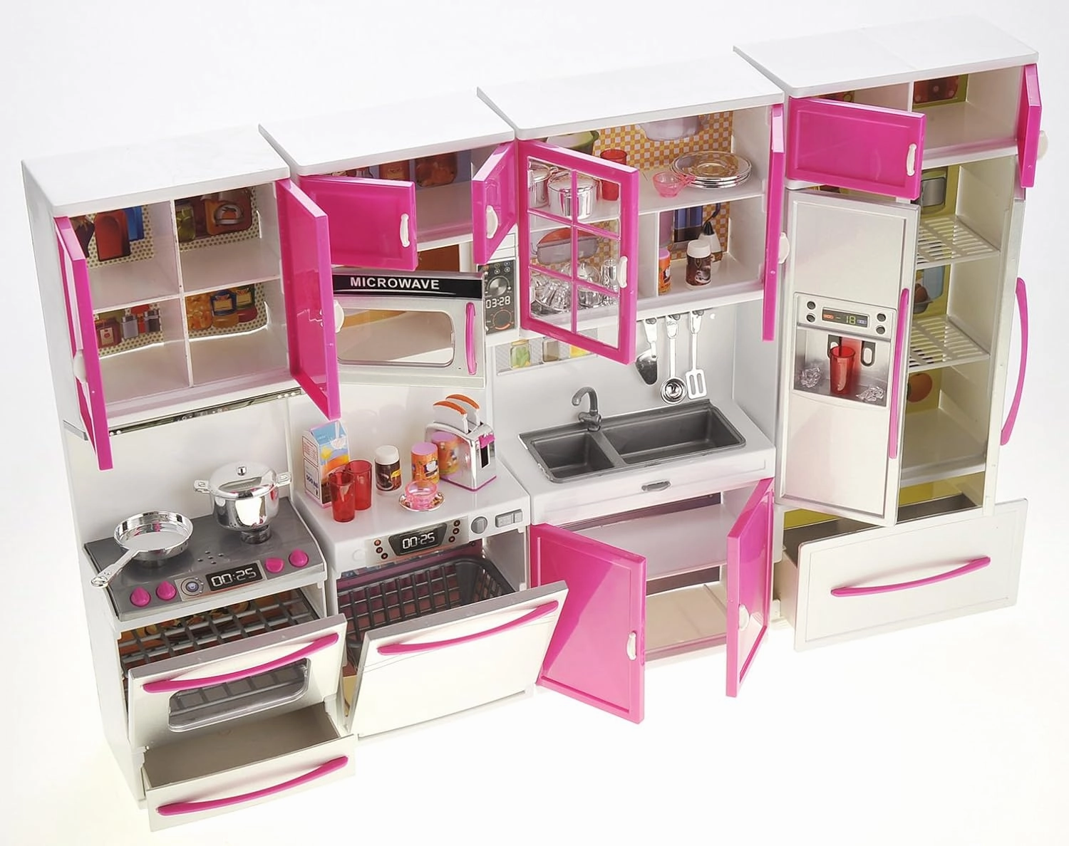 PowerTRC Doll Kitchen Play Set, Mini Modern Toy Kitchen Pretend Play Furnitures Toy Set Accessories Set with Realistic Light & Sound for Kids Toddlers Girls (4-in-1)