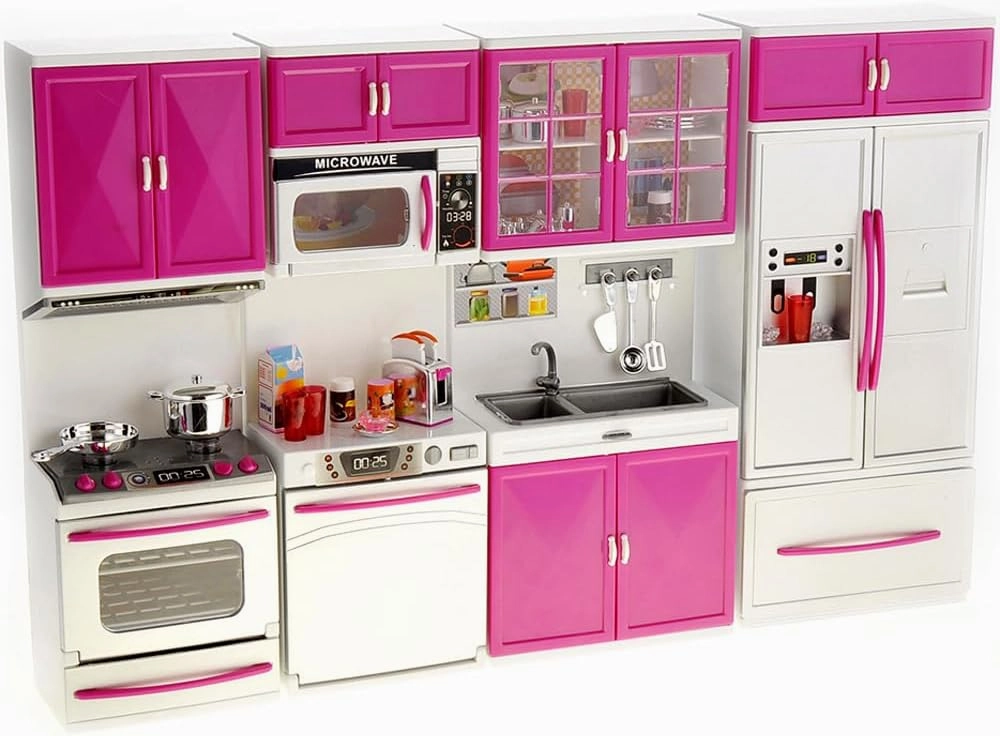 PowerTRC Doll Kitchen Play Set, Mini Modern Toy Kitchen Pretend Play Furnitures Toy Set Accessories Set with Realistic Light & Sound for Kids Toddlers Girls (4-in-1)