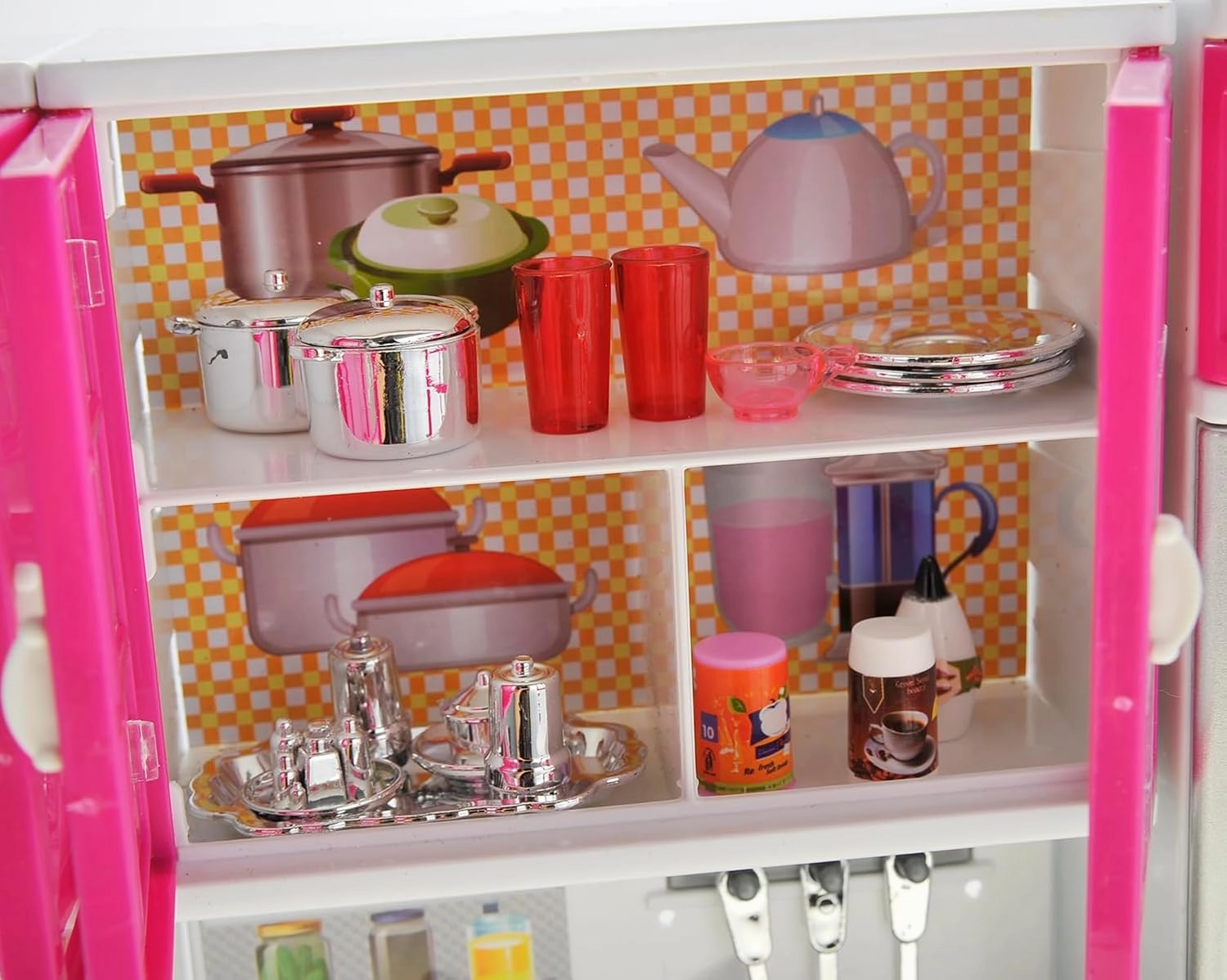 PowerTRC Doll Kitchen Play Set, Mini Modern Toy Kitchen Pretend Play Furnitures Toy Set Accessories Set with Realistic Light & Sound for Kids Toddlers Girls (4-in-1)