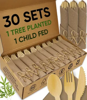 Premium Pre Rolled Napkin and Bamboo Cutlery Set with Brown Napkins (30 Pack, 120 PCS) 100% Biodegradable, Eco-Friendly, Disposable Wrapped Cutlery - Pre-Wrapped Bamboo Forks, Knives, Spoons