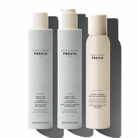 PREVIA Volumising Bodifying Hair Kit - Volumizing Shampoo Conditioner Set 8.45 oz Extra Strong Hairspray 6.7 oz for Thin Hair Thickening Moisturizing Strength Boost Volume and Shine Vegan Sulfate Free