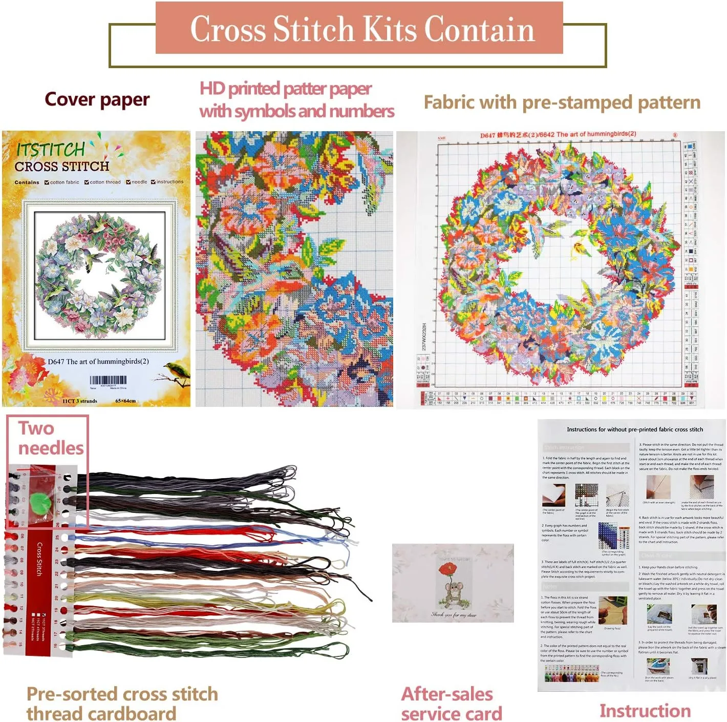 Printed Cross Stitch Kits 11CT 26X25 inch 100% Cotton Holiday Gift DIY Embroidery Starter Kits Easy Patterns Embroidery for Girls Crafts DMC Stamped Supplies Needlework Art of Hummingbirds