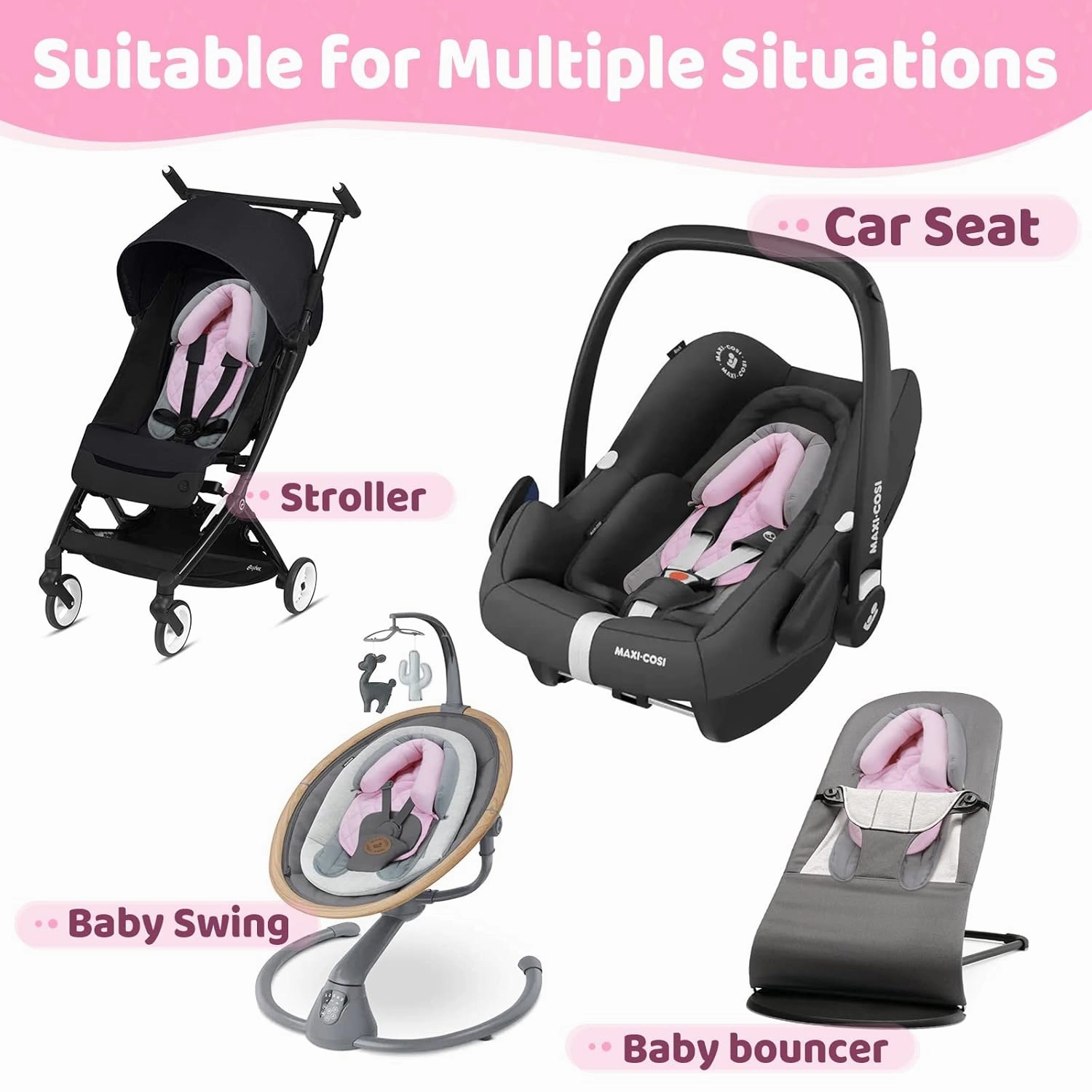 Pro Goleem Car Seat Head Support Infant, Soft Infant Car Seat Insert, 2 in 1 Carseat Head Support for Toddler, Perfect for Car Seat, Stroller, Swing, Bouncer, Pink and Gray