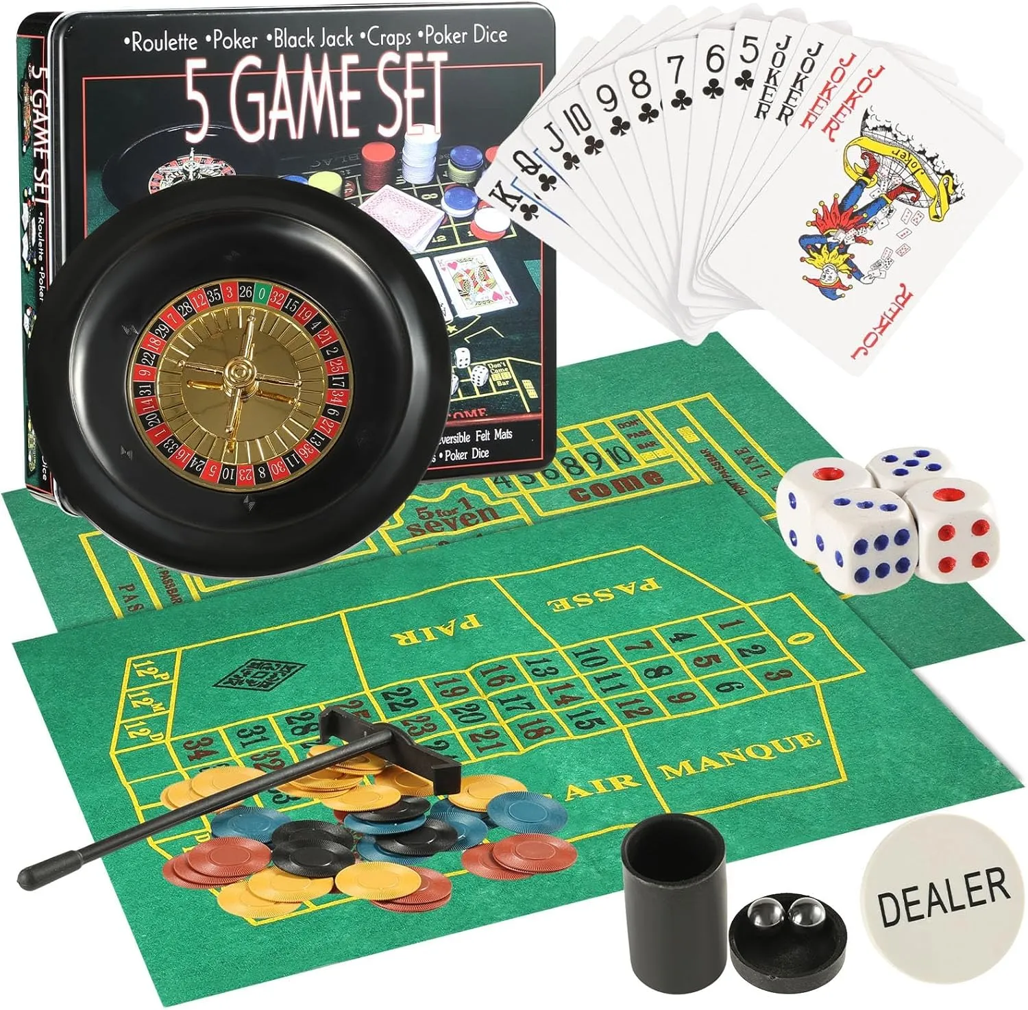 Professional Roulette Wheel Set, 10-inch, with 100 Chips, 3 Game Mats, Ball and Rake