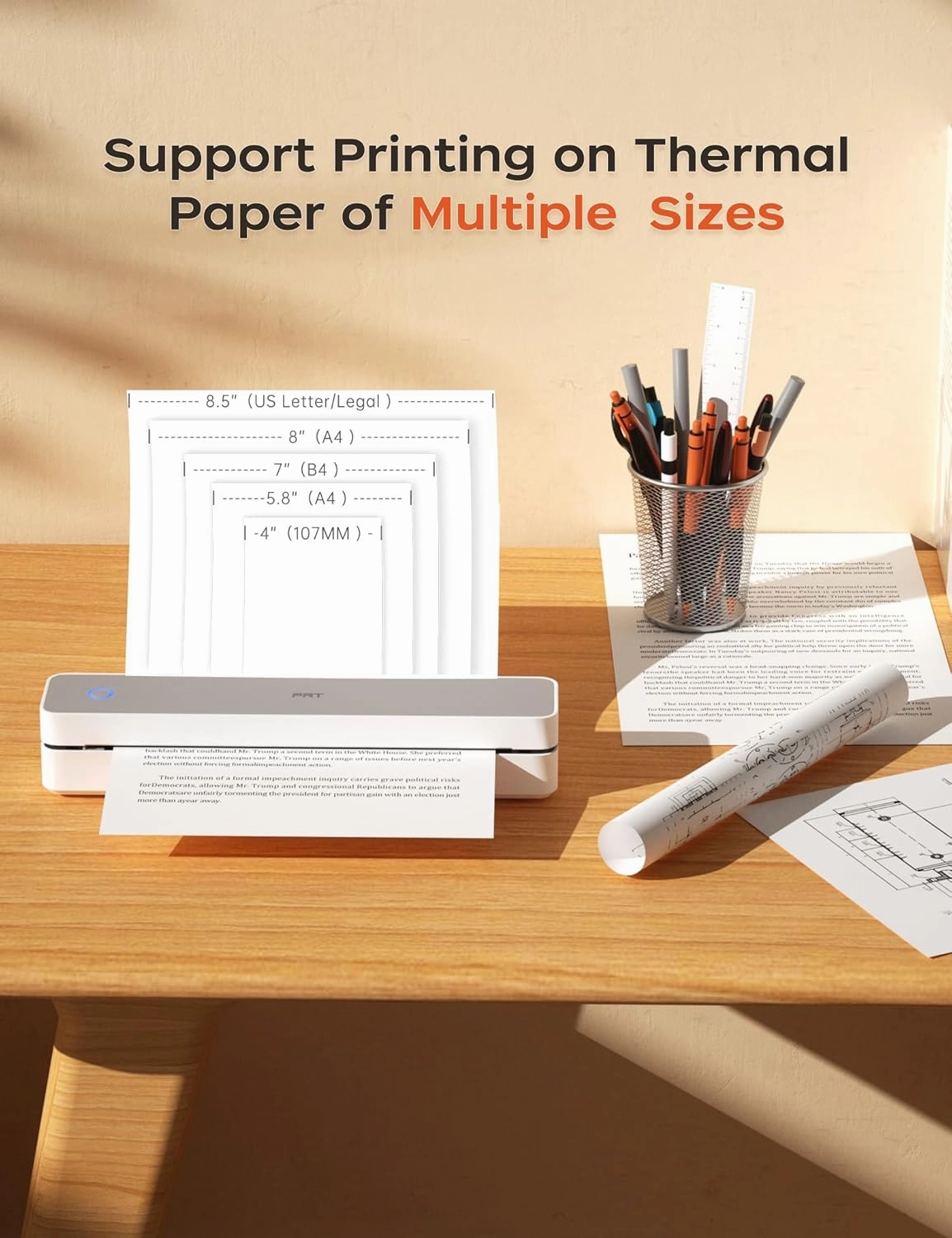 PRT Portable Printer Wireless for Travel, Thermal Inkless Support 8.5" X 11" US Letter A4 A5, Compatible with iOS, Android & Laptop, Bluetooth Printer for Office, Home, School, White