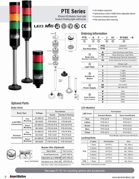 PTE-SC-502-RYGBC-B, LED Stack Tower Light, 56mm red/Yellow/Green/Blue/Clear Color 5 Stack Modular, Steady, Direct mounting Black Body, 25" prewired, 24V AC/DC