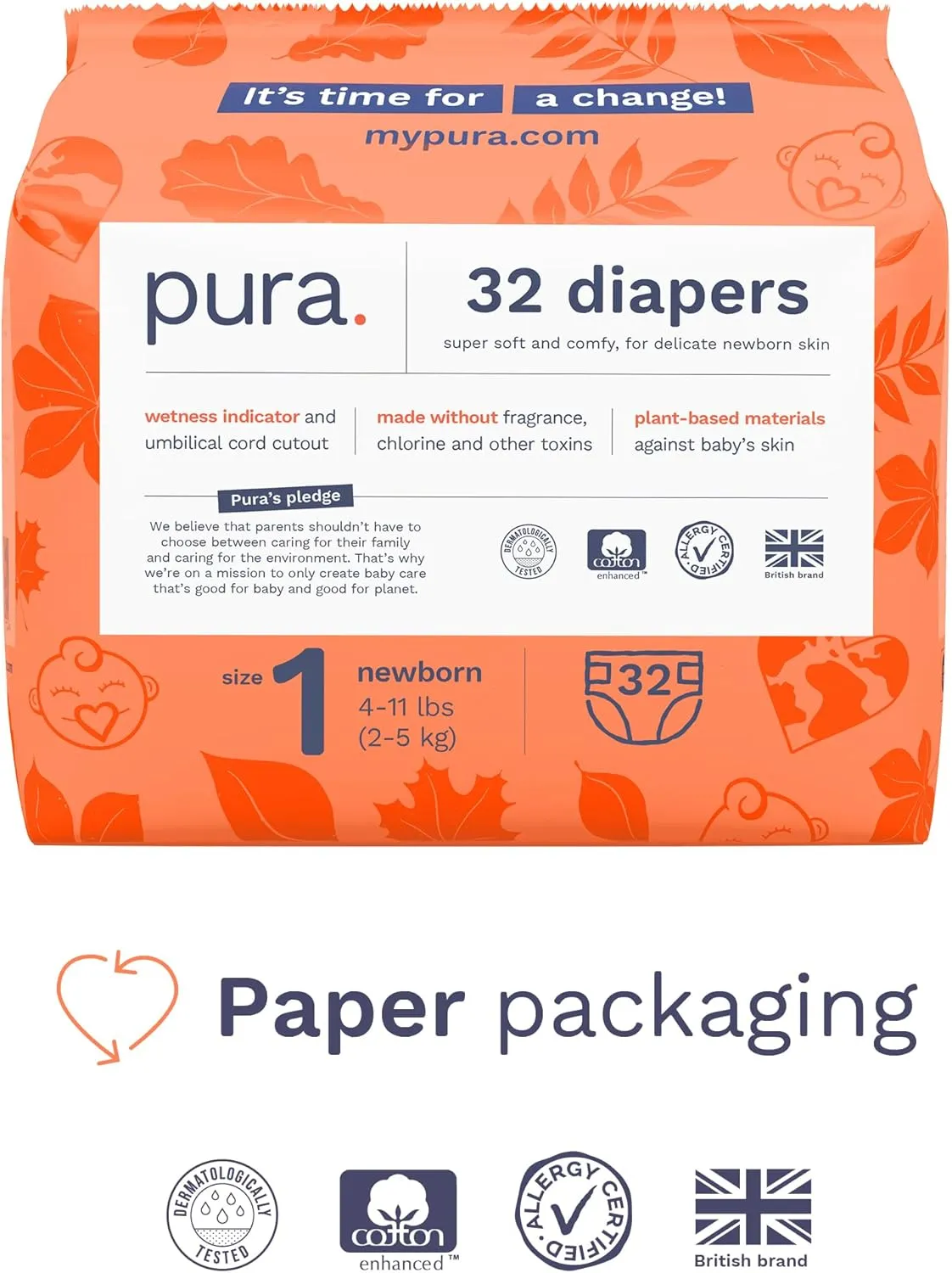 Pura Size 1 Eco-Friendly Diapers (4-11lbs) Hypoallergenic, Soft Organic Cotton Comfort, Sustainable, Wetness Indicator, Allergy UK, Newborn, Bulk Buy, 6 Packs of 32 (192 Baby Diapers)