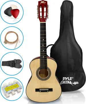 Pyle 30” Classical Acoustic 6 String Linden Traditional Style Guitar w/Wood Fretboard, Case Bag, Nylon Strap, Tuner, 3 Picks-for Beginner, Children Use, Right Handed, (PGAKT30)