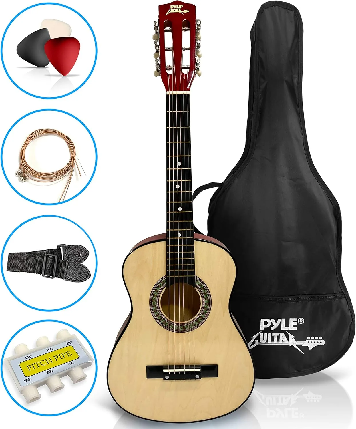 Pyle 30” Classical Acoustic 6 String Linden Traditional Style Guitar w/Wood Fretboard, Case Bag, Nylon Strap, Tuner, 3 Picks-for Beginner, Children Use, Right Handed, (PGAKT30)