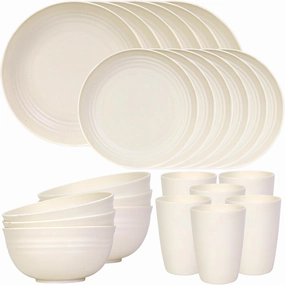 Quatish 24 Piece Plates and Bowls Sets of 6, Unbreakable Wheat Straw Dinnerware Sets, Plastic Dish Set for Camping, Dishwasher Microwave Safe, Outdoor Kitchen and Apartment Dinning Essentials, Beige