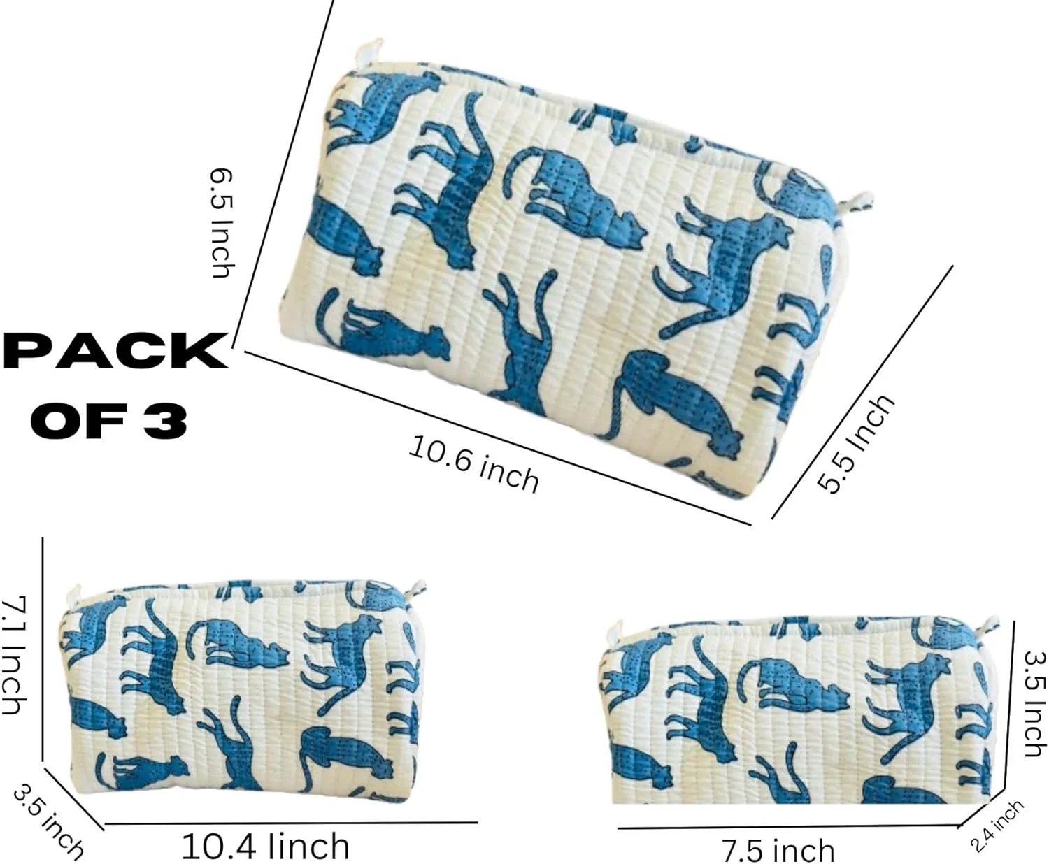 Quilted Makeup Bag Set, 3 Pcs Cotton Floral Makeup Bag, Large Toiletry Travel Cosmetic Bag for Women Personal Use Blue Leopard Print