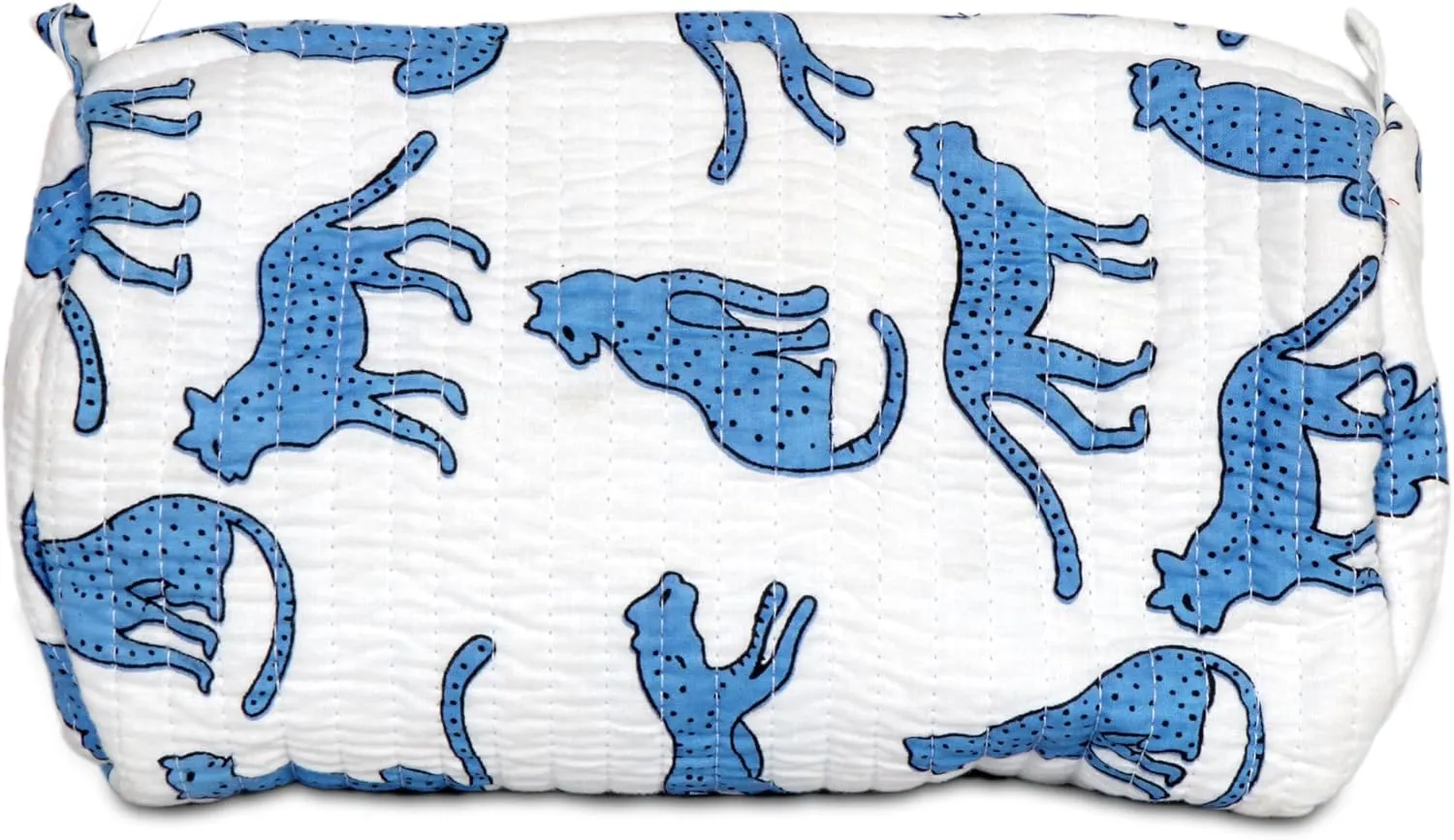 Quilted Makeup Bag Set, 3 Pcs Cotton Floral Makeup Bag, Large Toiletry Travel Cosmetic Bag for Women Personal Use Blue Leopard Print