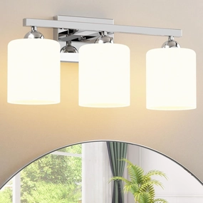 Quntis Chrome Bathroom Light Fixtures Over Mirror 5 Colors Adjustable, 3-Light LED Bathroom Vanity Light with Milky White Frosted Glass Shade, Energy-Saving LED, 18.9 inch