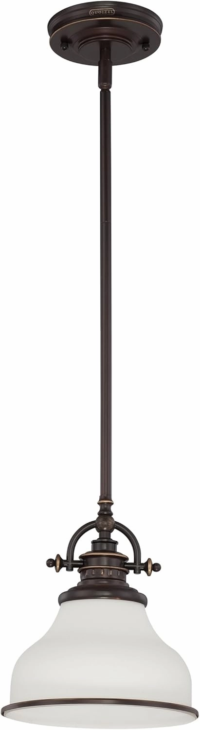 Quoizel Grant Mini Pendant Lighting, 8 Inch 1-Light Palladian Bronze Opal Etched Glass Pendant Light, Hanging Ceiling Light for Kitchen Island, Dining Room, Hallway, Bedroom, Bar, Cafe or Office