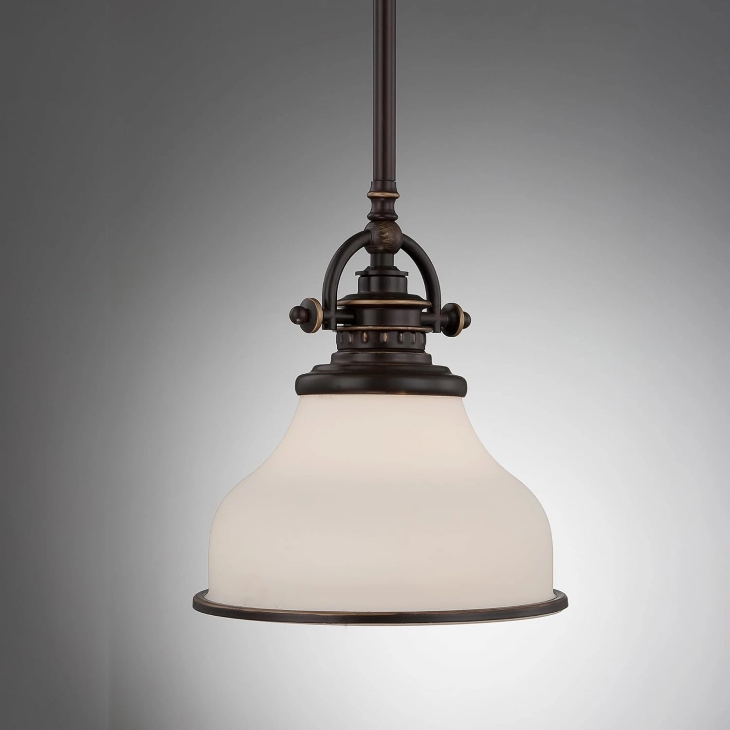 Quoizel Grant Mini Pendant Lighting, 8 Inch 1-Light Palladian Bronze Opal Etched Glass Pendant Light, Hanging Ceiling Light for Kitchen Island, Dining Room, Hallway, Bedroom, Bar, Cafe or Office