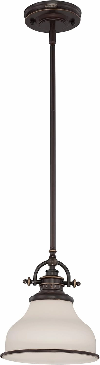 Quoizel Grant Mini Pendant Lighting, 8 Inch 1-Light Palladian Bronze Opal Etched Glass Pendant Light, Hanging Ceiling Light for Kitchen Island, Dining Room, Hallway, Bedroom, Bar, Cafe or Office