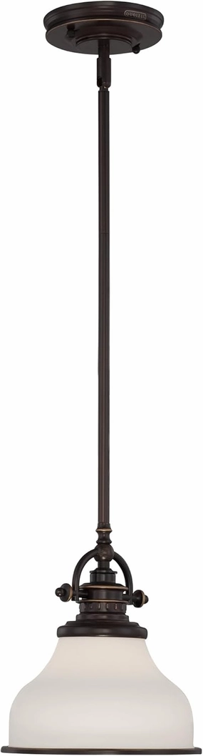Quoizel Grant Mini Pendant Lighting, 8 Inch 1-Light Palladian Bronze Opal Etched Glass Pendant Light, Hanging Ceiling Light for Kitchen Island, Dining Room, Hallway, Bedroom, Bar, Cafe or Office