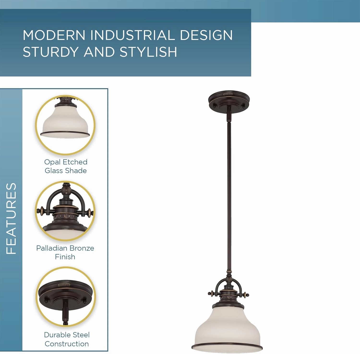 Quoizel Grant Mini Pendant Lighting, 8 Inch 1-Light Palladian Bronze Opal Etched Glass Pendant Light, Hanging Ceiling Light for Kitchen Island, Dining Room, Hallway, Bedroom, Bar, Cafe or Office